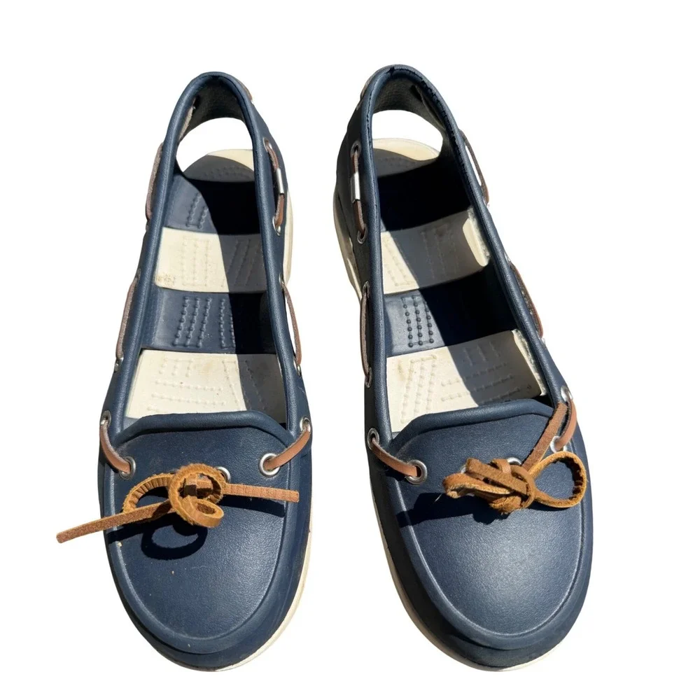 Crocs Beach Line Boat Shoes Navy Blue White Leather Lace Loafers Womens 7